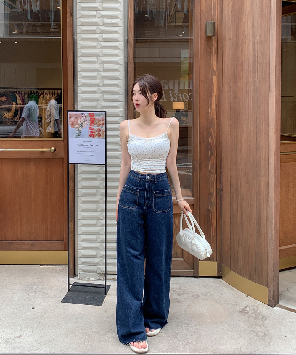 カップ付クロップド小花柄レースカラーキャミソール | レディース