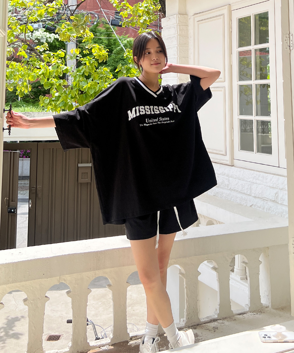 Vネックゴムオーバーサイズ半袖セットアップTシャツショート