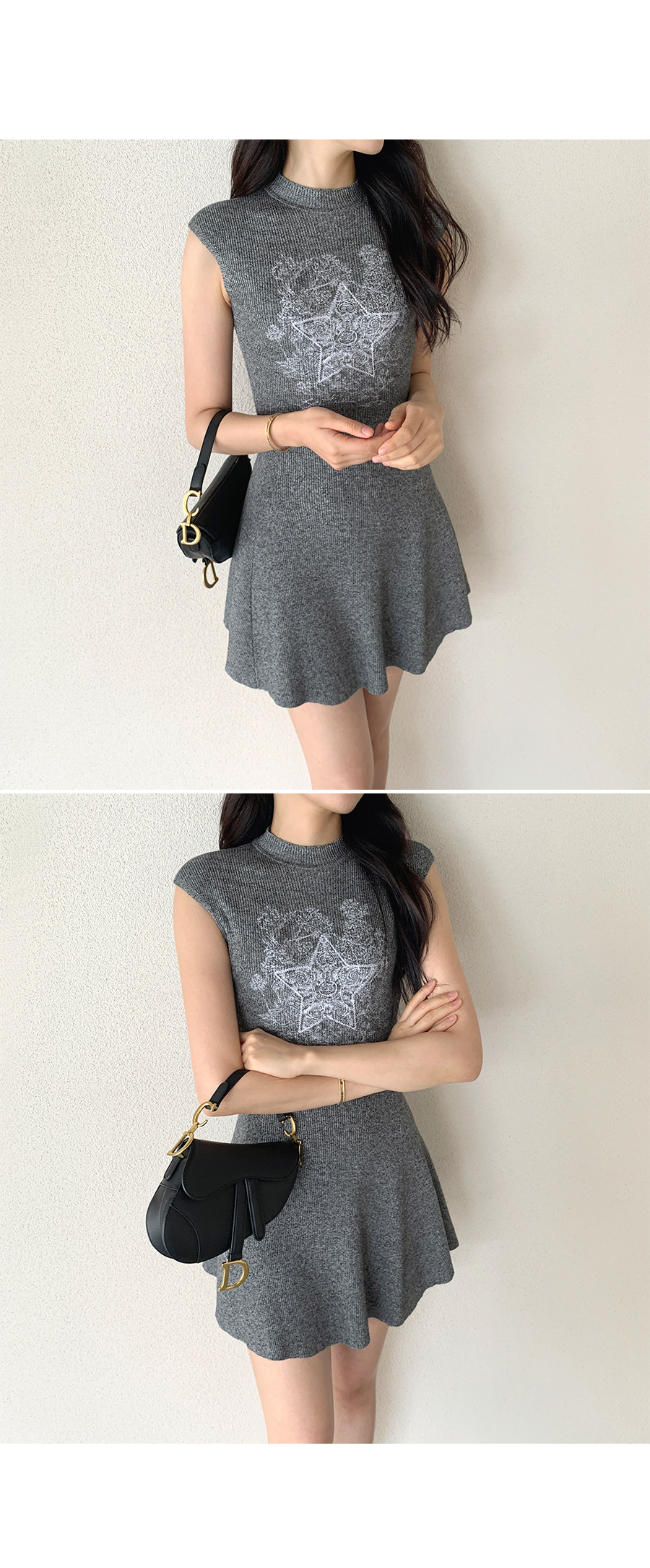 ニットスリムミニ刺繍ハーフネック星柄ノースリワンピース