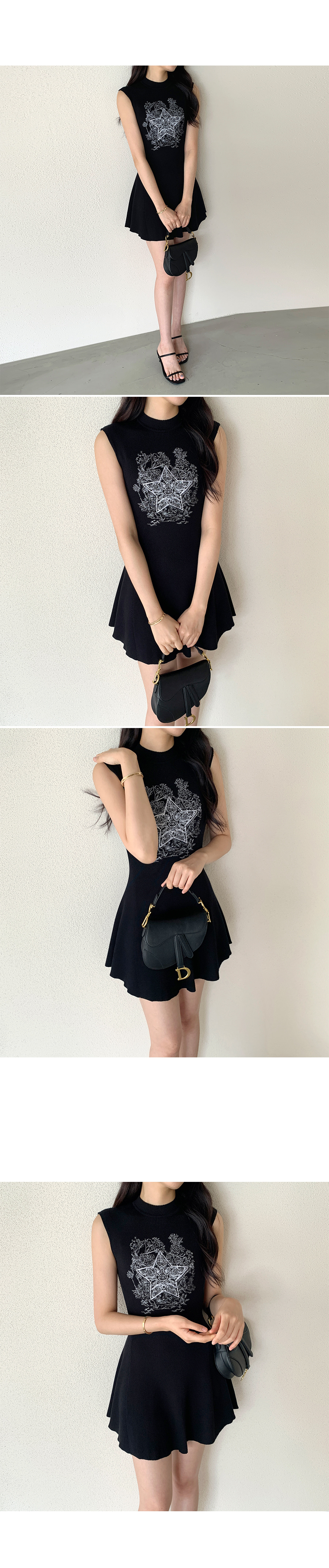 ニットスリムミニ刺繍ハーフネック星柄ノースリワンピース