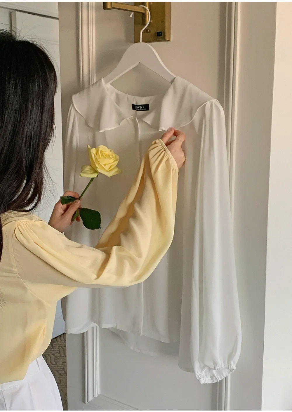 L-1373 러플카라 쉬폰 셔링블라우스