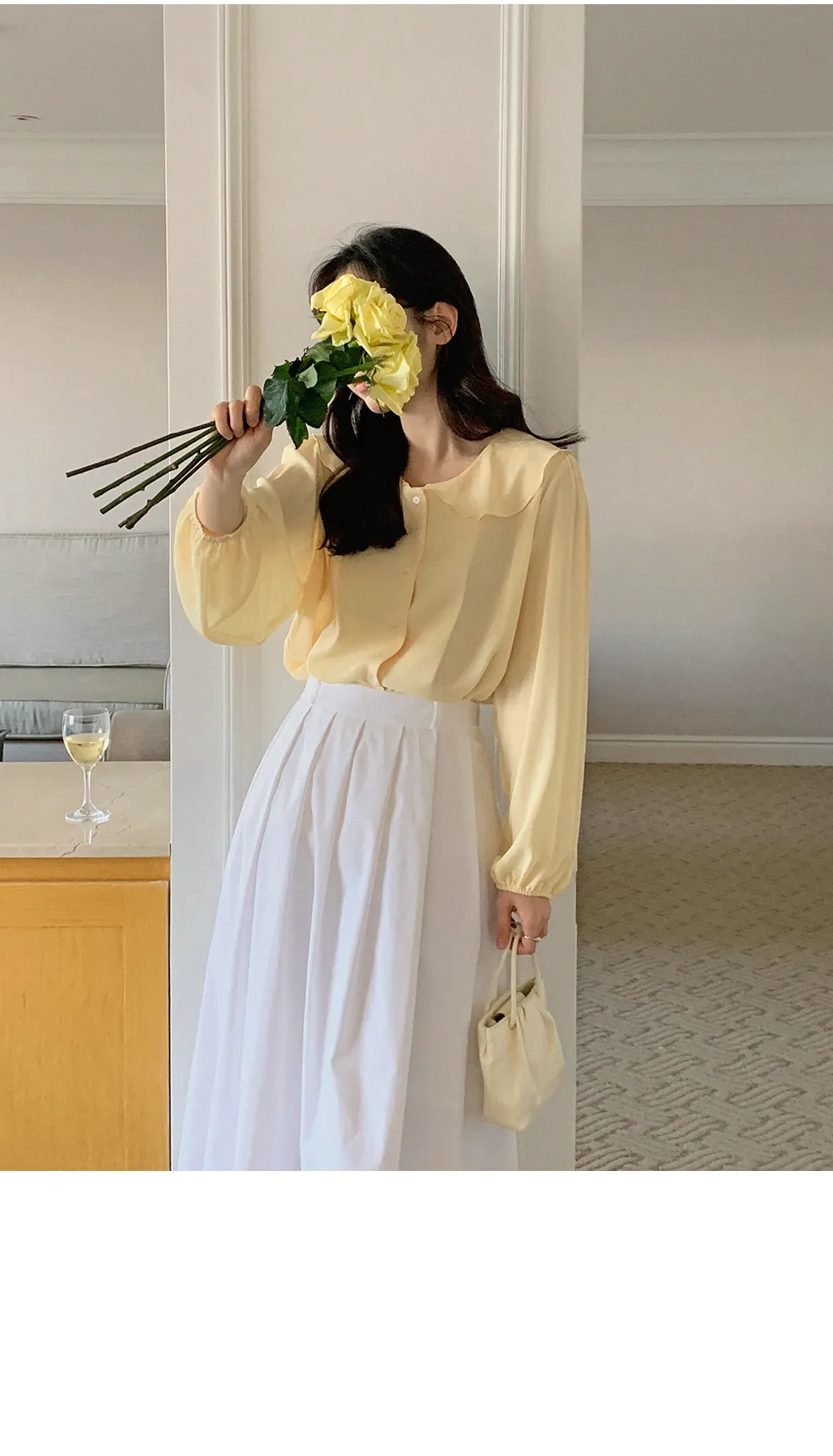 L-1373 러플카라 쉬폰 셔링블라우스