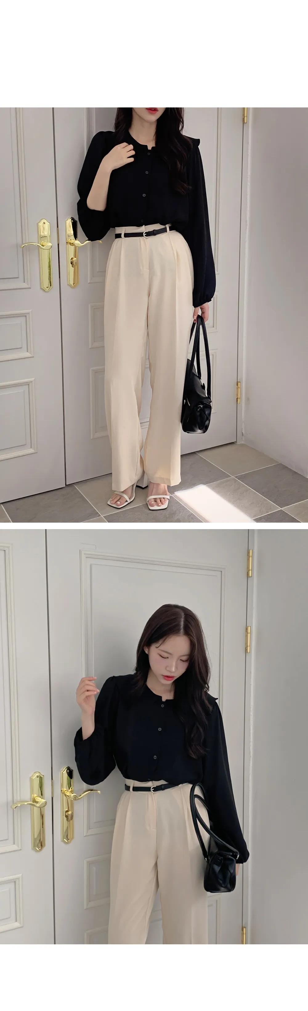 L-1373 러플카라 쉬폰 셔링블라우스