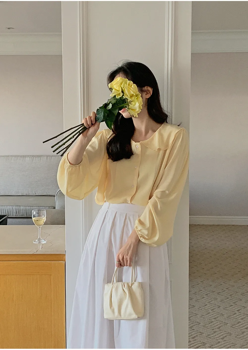 L-1373 러플카라 쉬폰 셔링블라우스