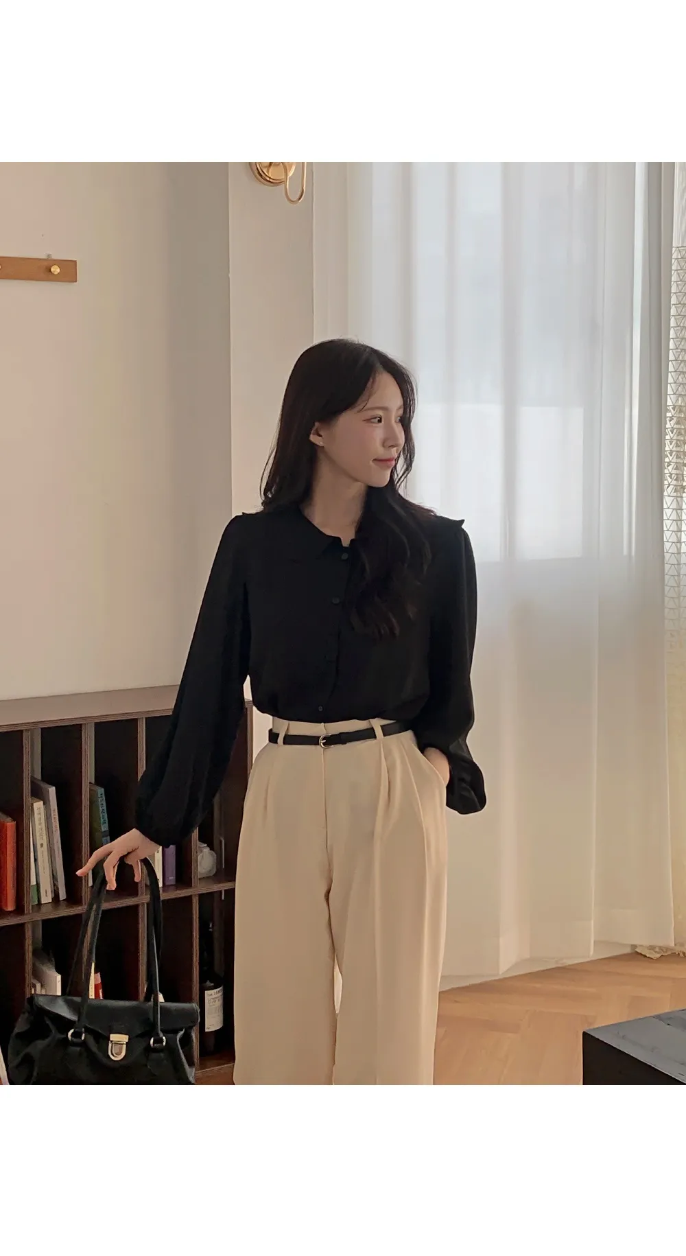L-1373 러플카라 쉬폰 셔링블라우스