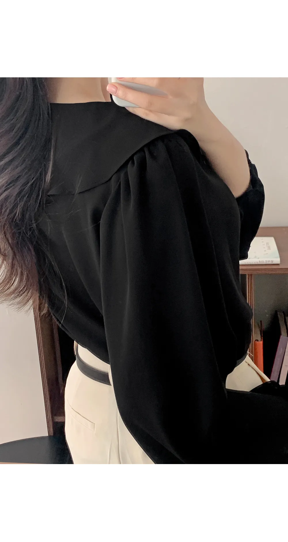 L-1373 러플카라 쉬폰 셔링블라우스