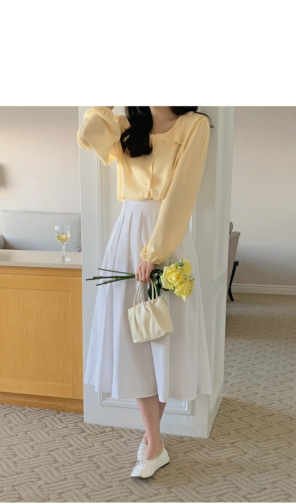 L-1373 러플카라 쉬폰 셔링블라우스