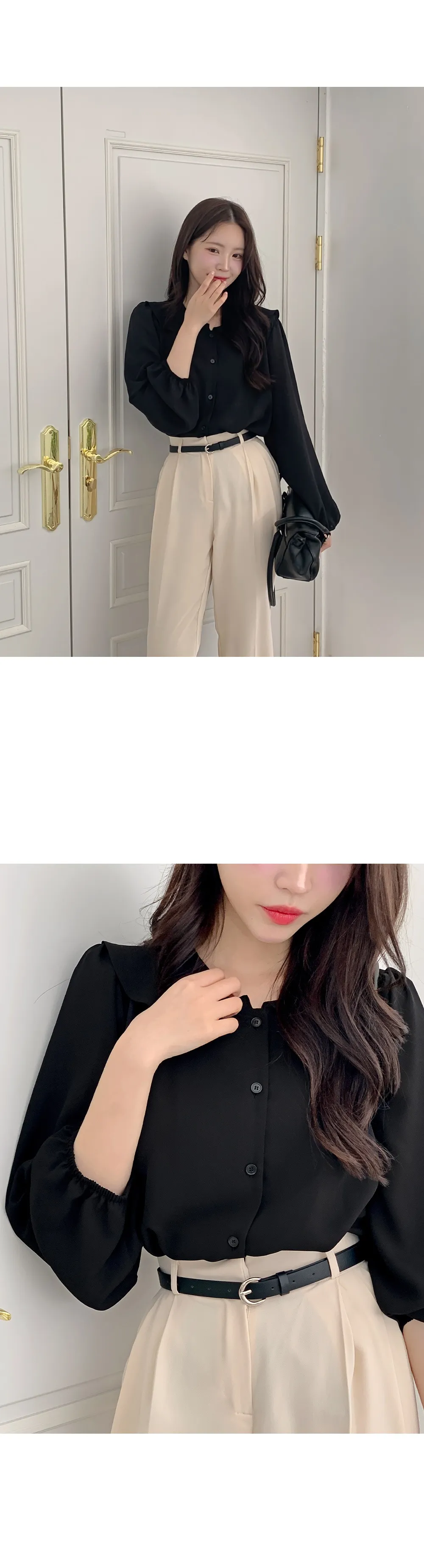 L-1373 러플카라 쉬폰 셔링블라우스