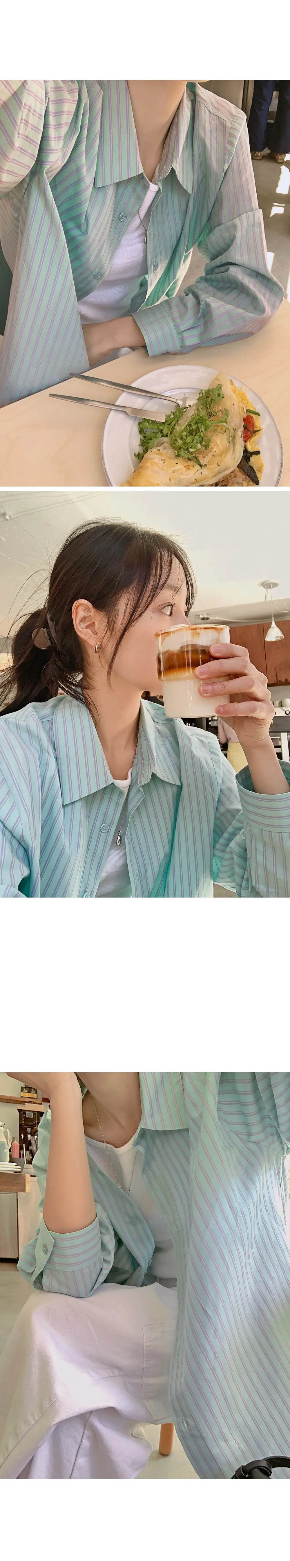  포인트블루 루즈핏 스트라이프 긴팔셔츠