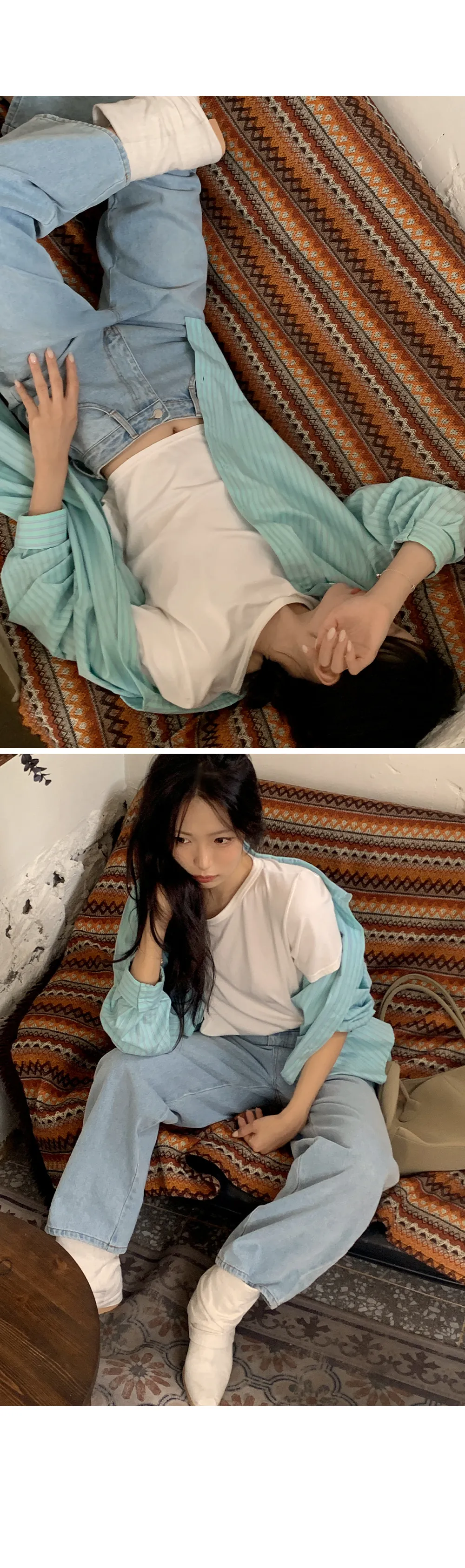  포인트블루 루즈핏 스트라이프 긴팔셔츠