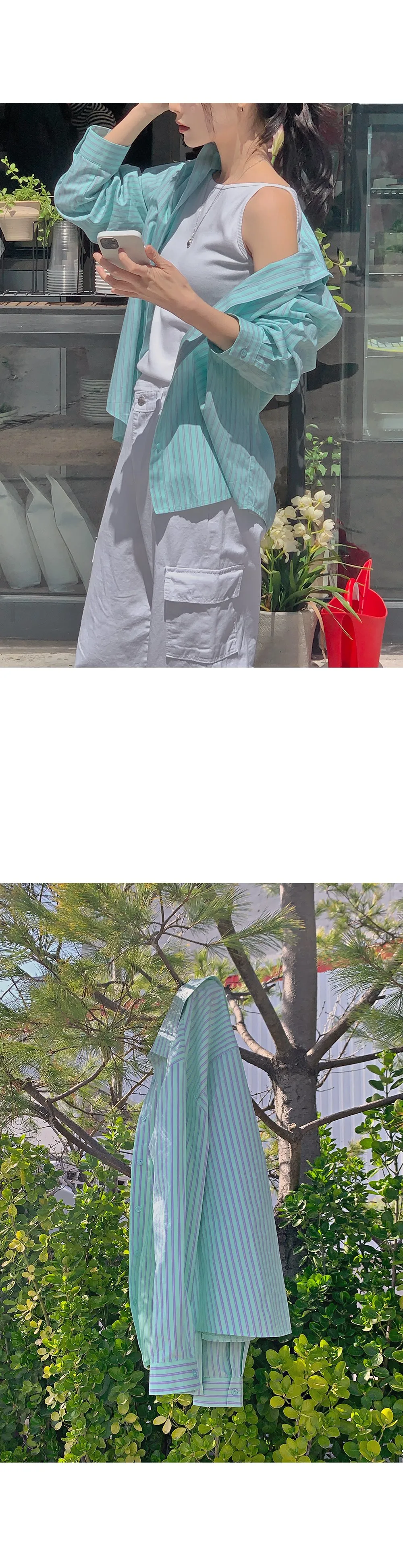  포인트블루 루즈핏 스트라이프 긴팔셔츠