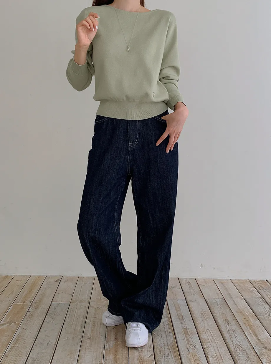RIRINCO スパンデックスボートネックロゴペンダントニット
