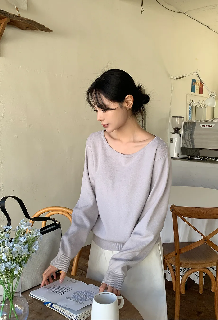 RIRINCO スパンデックスボートネックロゴペンダントニット