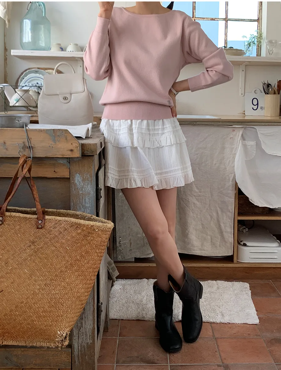 RIRINCO スパンデックスボートネックロゴペンダントニット