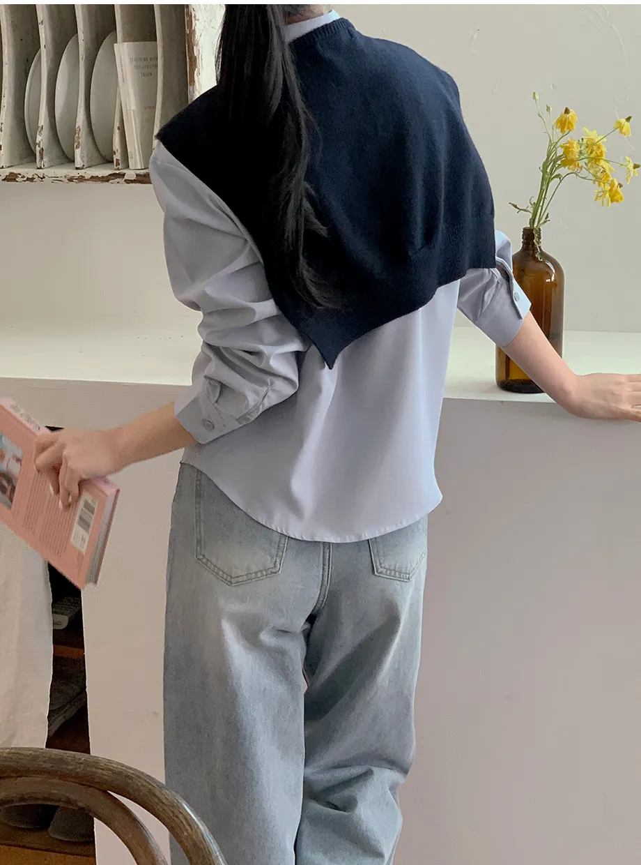 リリエンコ カラーネックシャツ＆ニットショールセット