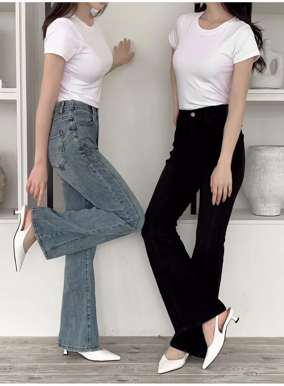 RIRINCO [ショート丈/ジャスト丈/ロング丈]裏ゴムブーツカットデニムパンツジーンズ