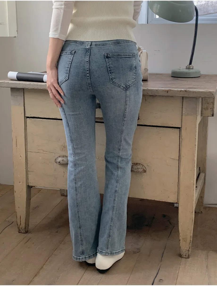 RIRINCO [ショート丈/ジャスト丈/ロング丈]裏ゴムブーツカットデニムパンツジーンズ