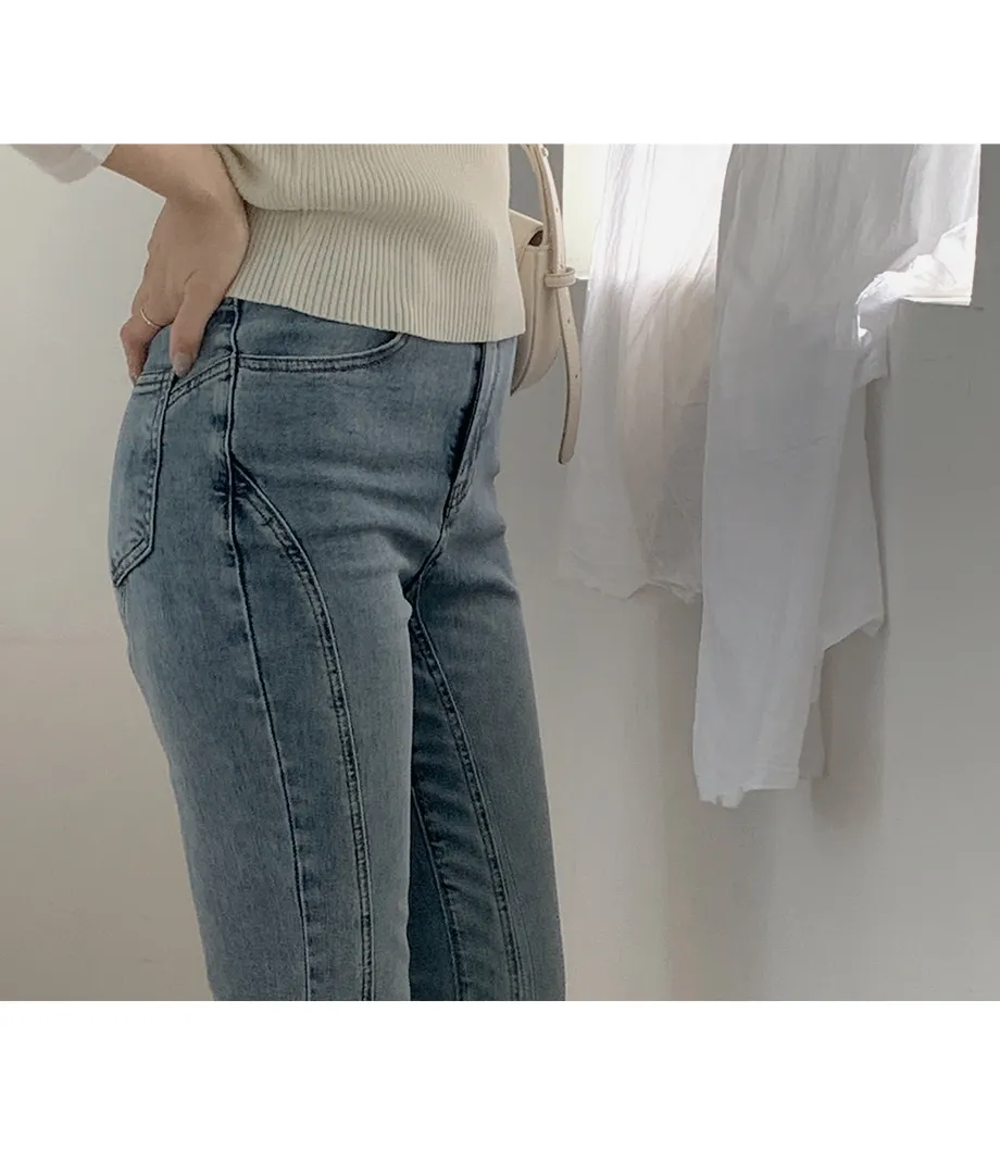 RIRINCO [ショート丈/ジャスト丈/ロング丈]裏ゴムブーツカットデニムパンツジーンズ