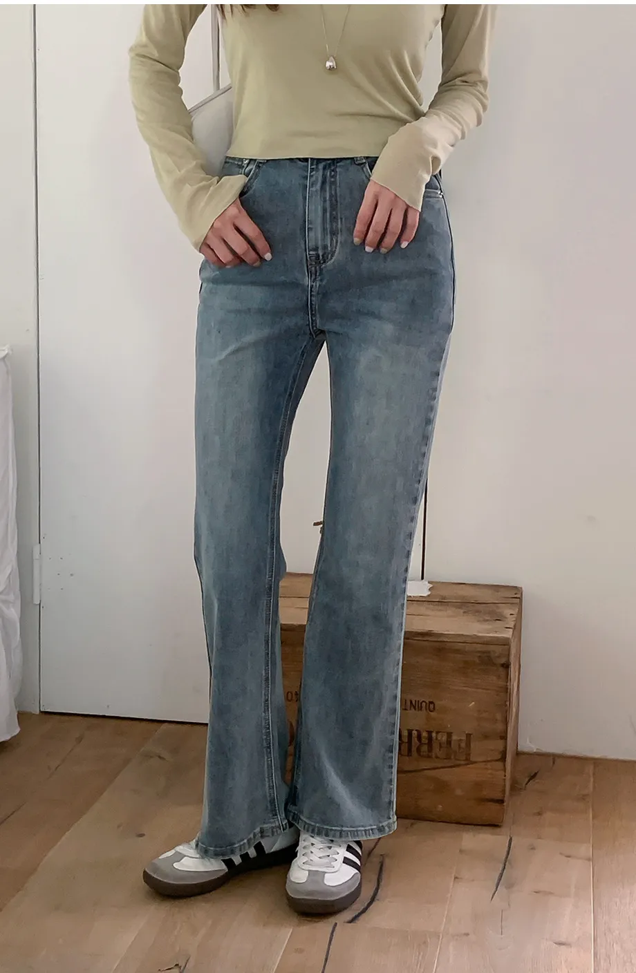 RIRINCO [ジャスト丈/ロング丈] 裏ゴムブーツカットデニムパンツジーンズ