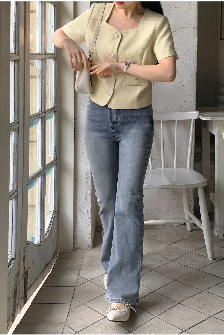 RIRINCO [ジャスト丈/ロング丈] 裏ゴムブーツカットデニムパンツジーンズ