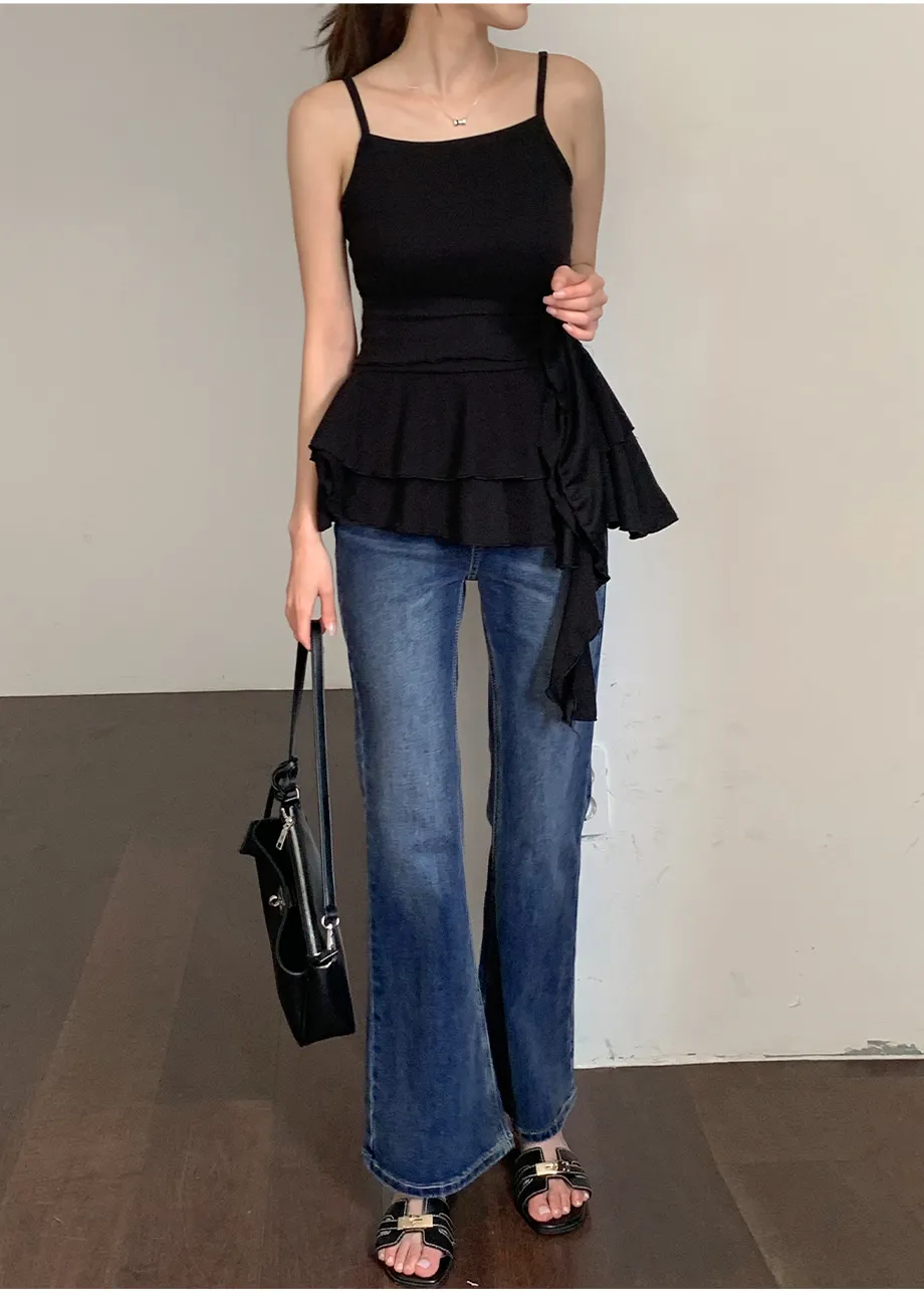RIRINCO [ジャスト丈/ロング丈] 裏ゴムブーツカットデニムパンツジーンズ