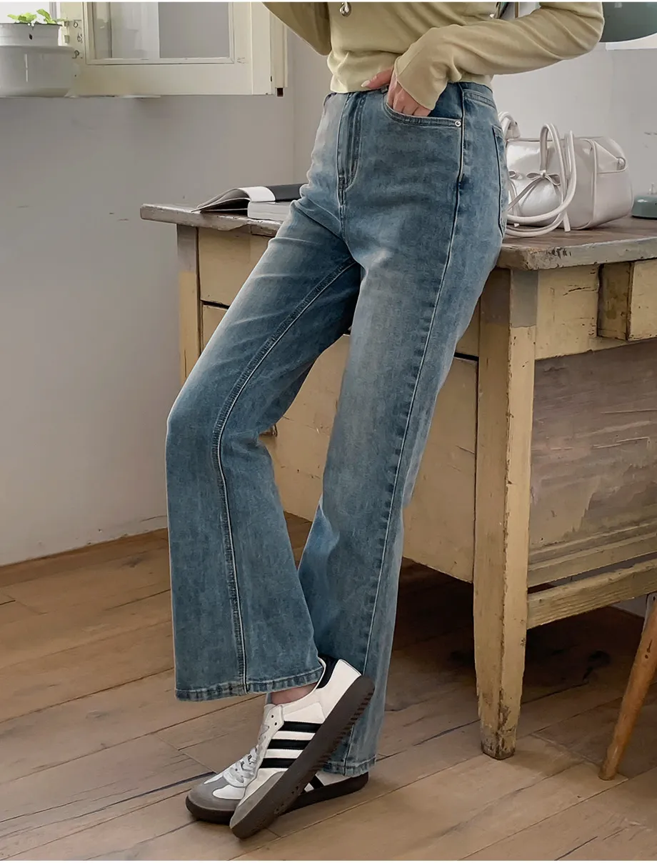 RIRINCO [ジャスト丈/ロング丈] 裏ゴムブーツカットデニムパンツジーンズ