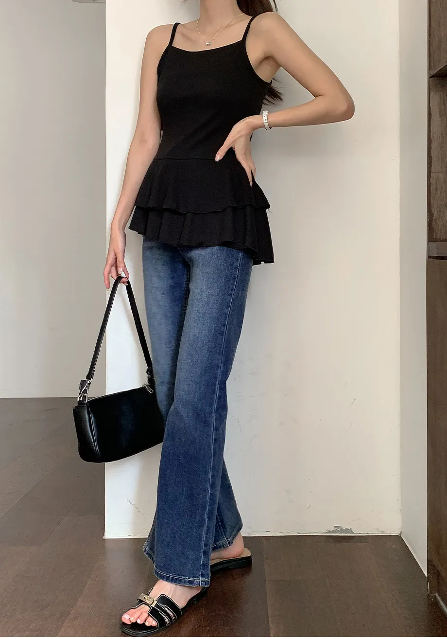 RIRINCO [ジャスト丈/ロング丈] 裏ゴムブーツカットデニムパンツジーンズ