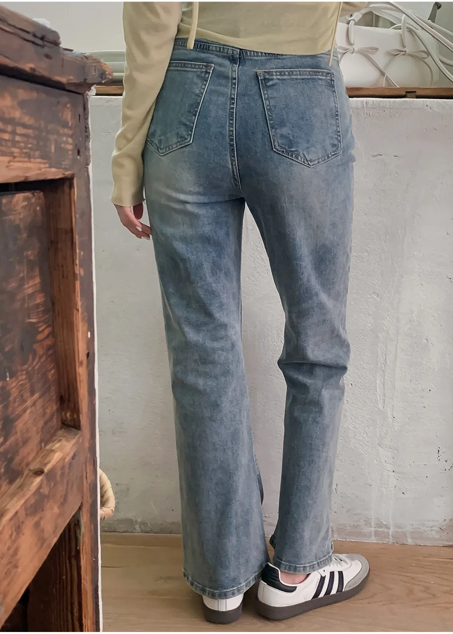 RIRINCO [ジャスト丈/ロング丈] 裏ゴムブーツカットデニムパンツジーンズ
