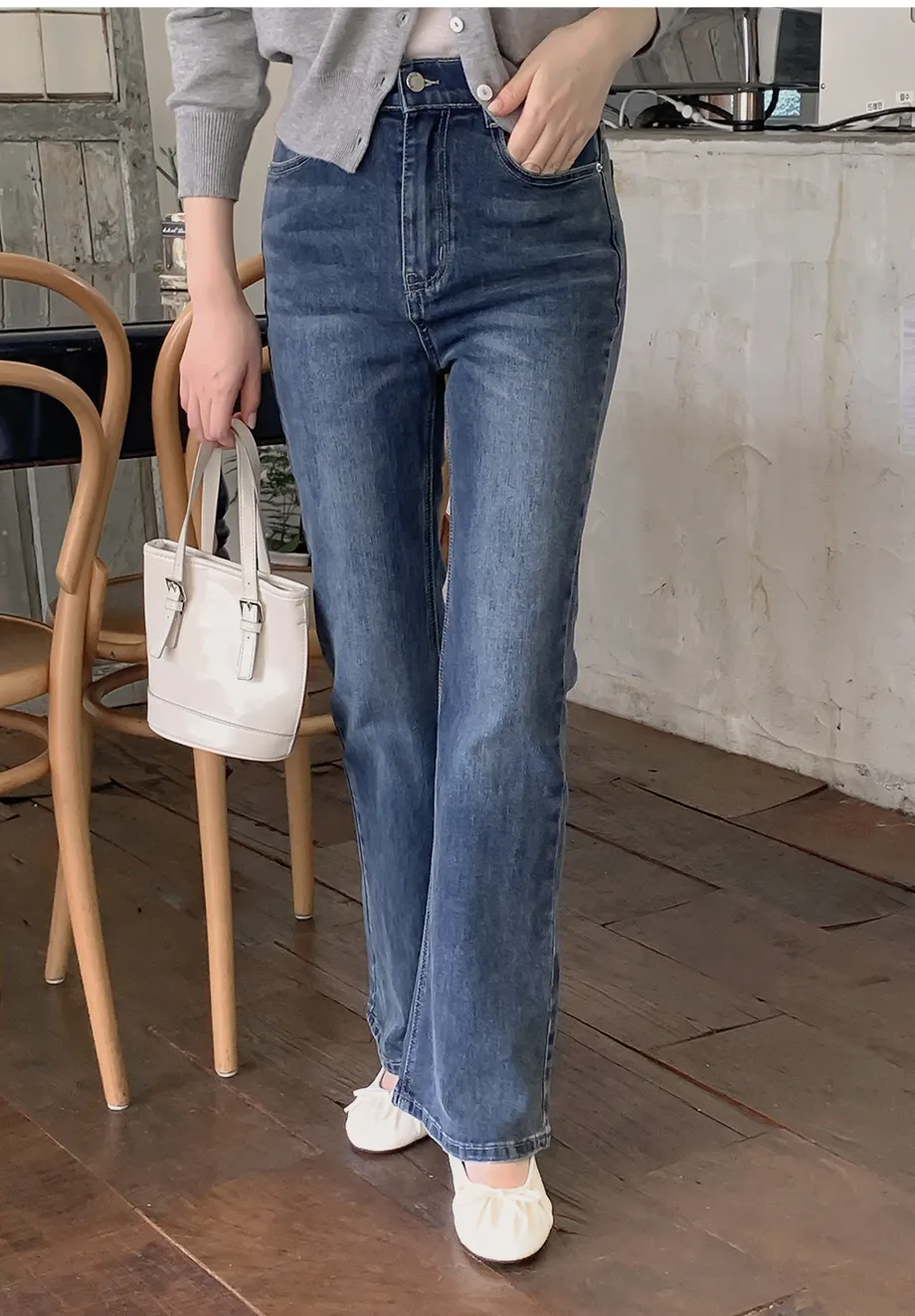 RIRINCO [ジャスト丈/ロング丈] 裏ゴムブーツカットデニムパンツジーンズ