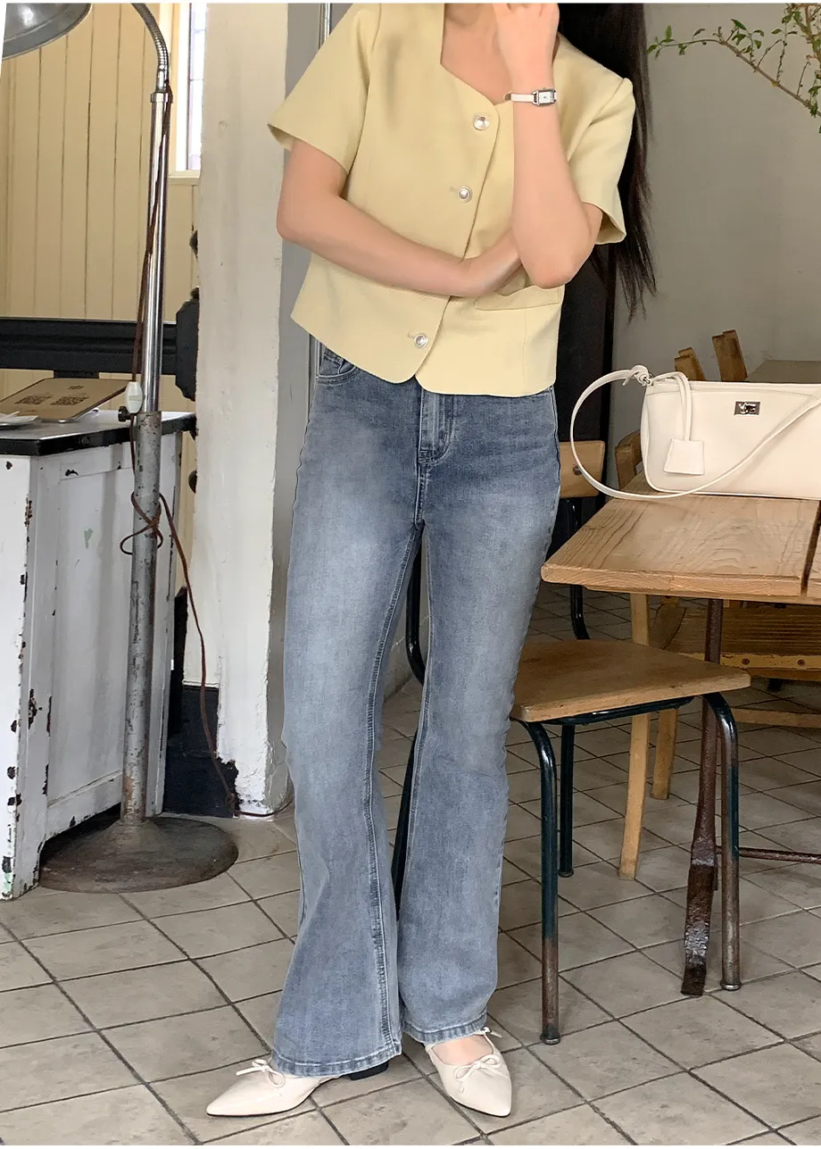 RIRINCO [ジャスト丈/ロング丈] 裏ゴムブーツカットデニムパンツジーンズ