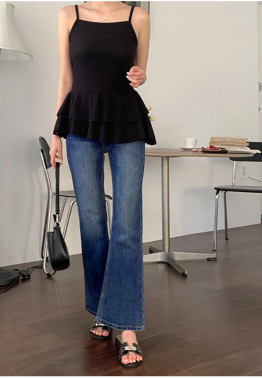 RIRINCO [ジャスト丈/ロング丈] 裏ゴムブーツカットデニムパンツジーンズ