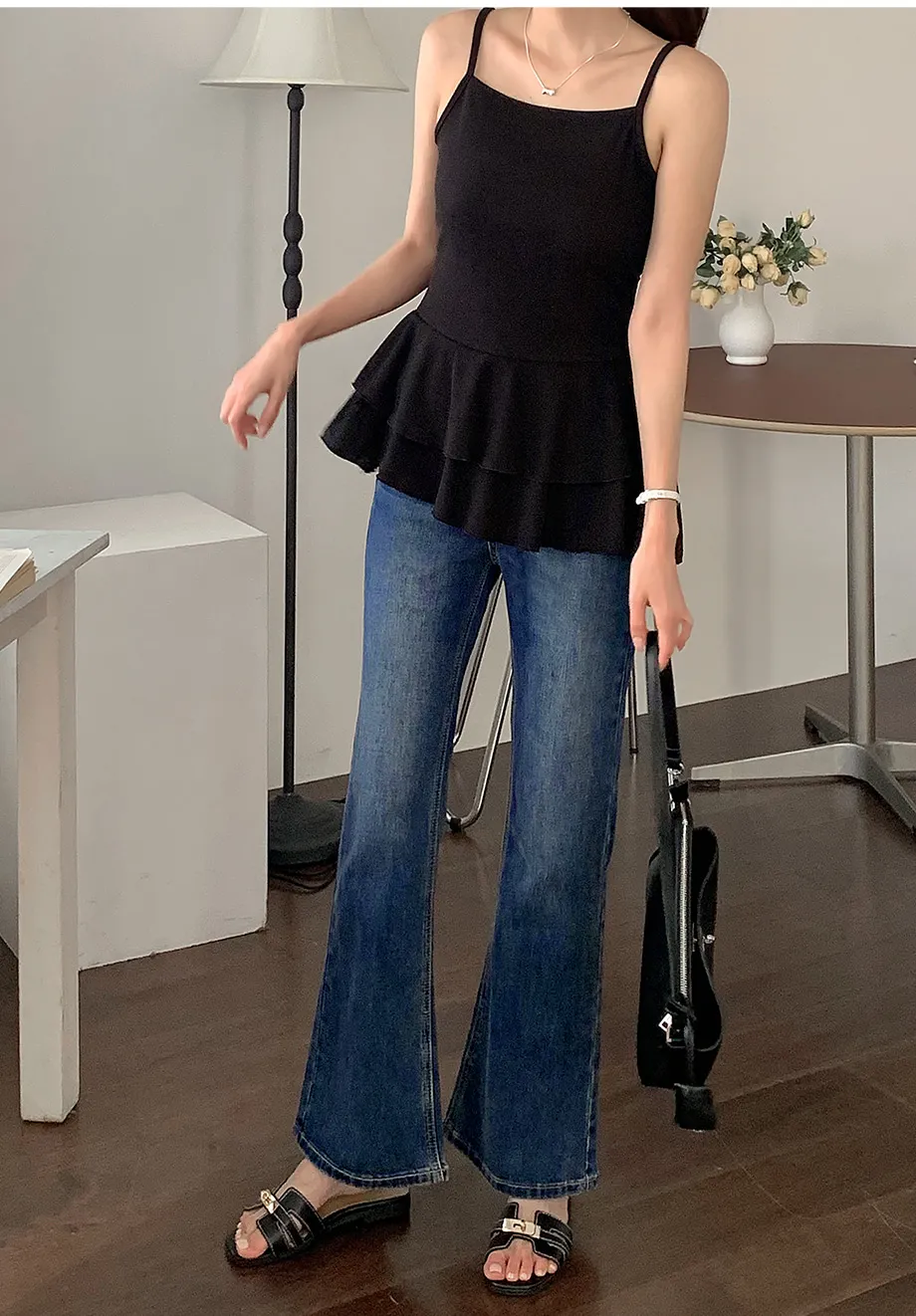 RIRINCO [ジャスト丈/ロング丈] 裏ゴムブーツカットデニムパンツジーンズ