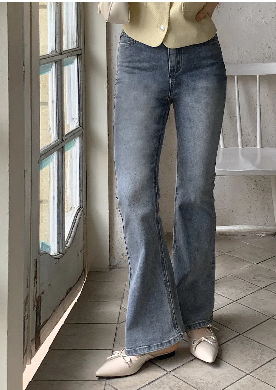 RIRINCO [ジャスト丈/ロング丈] 裏ゴムブーツカットデニムパンツジーンズ