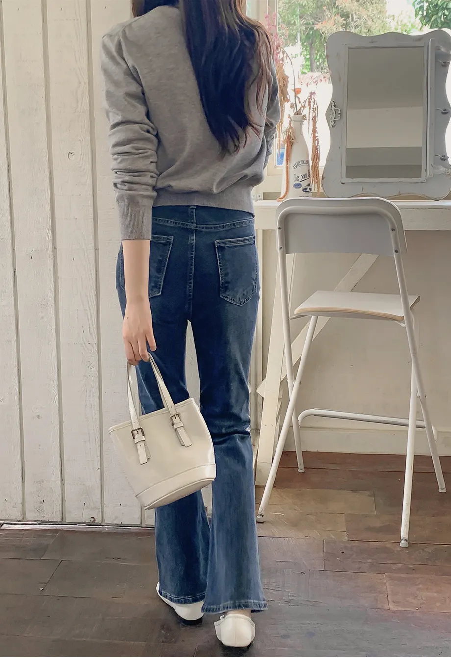 RIRINCO [ジャスト丈/ロング丈] 裏ゴムブーツカットデニムパンツジーンズ