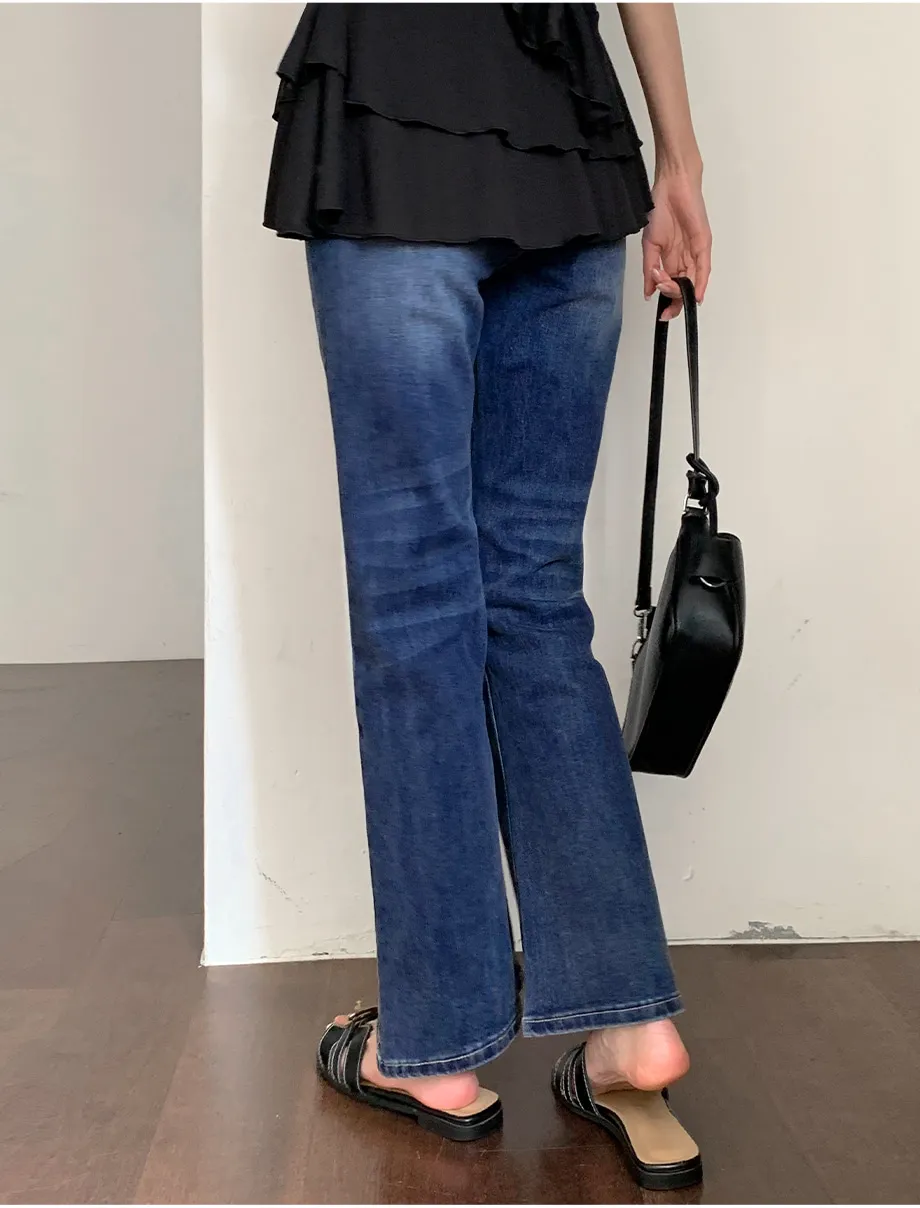 RIRINCO [ジャスト丈/ロング丈] 裏ゴムブーツカットデニムパンツジーンズ