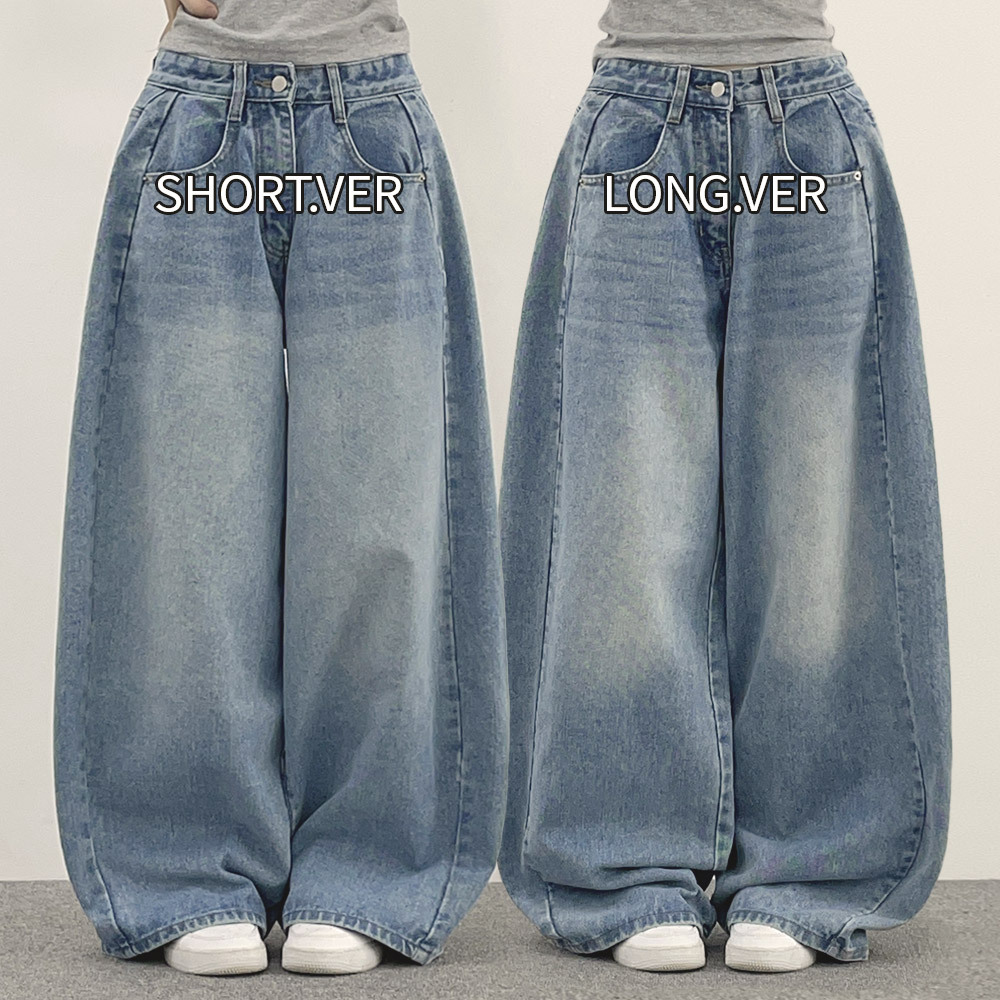 選べる丈]ウォッシングラインワイドライトブルーディープブルーデニム