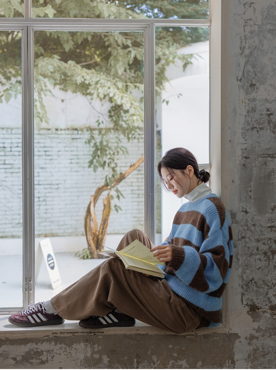 ラウンドネックオーバーサイズ長袖ボーダーニット | レディース