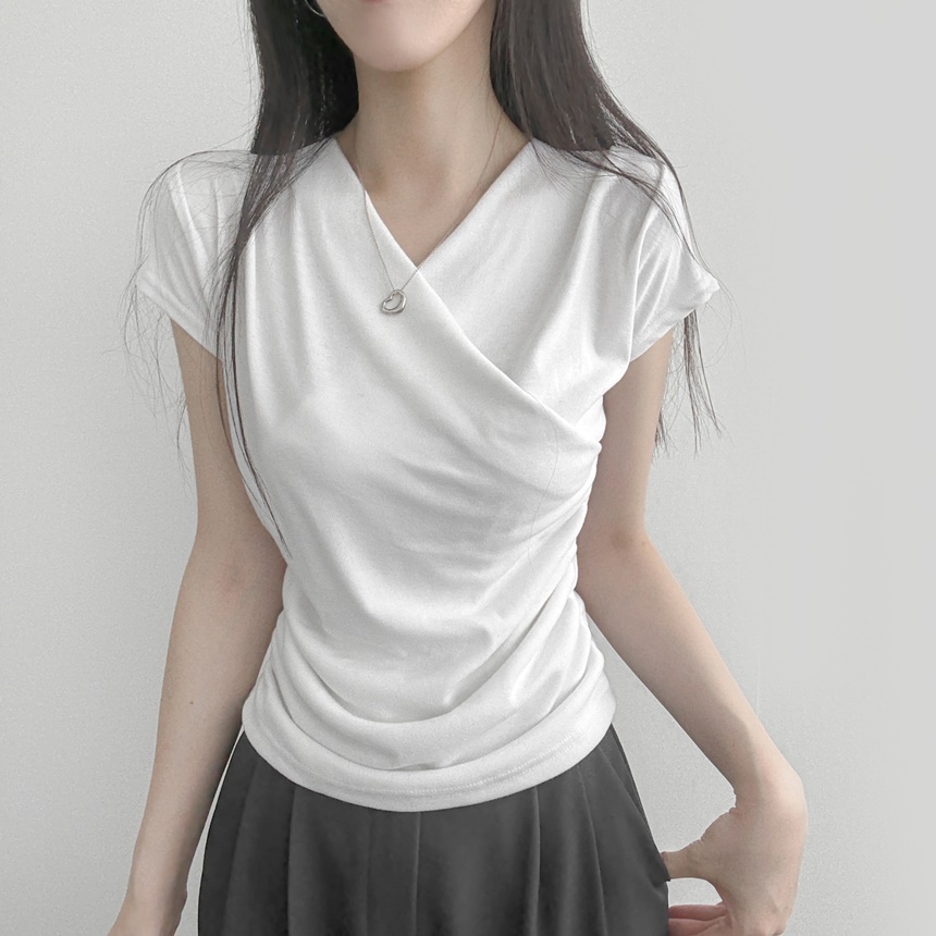 Vネックギャザースリム半袖ドレープラップ調Tシャツ | レディース