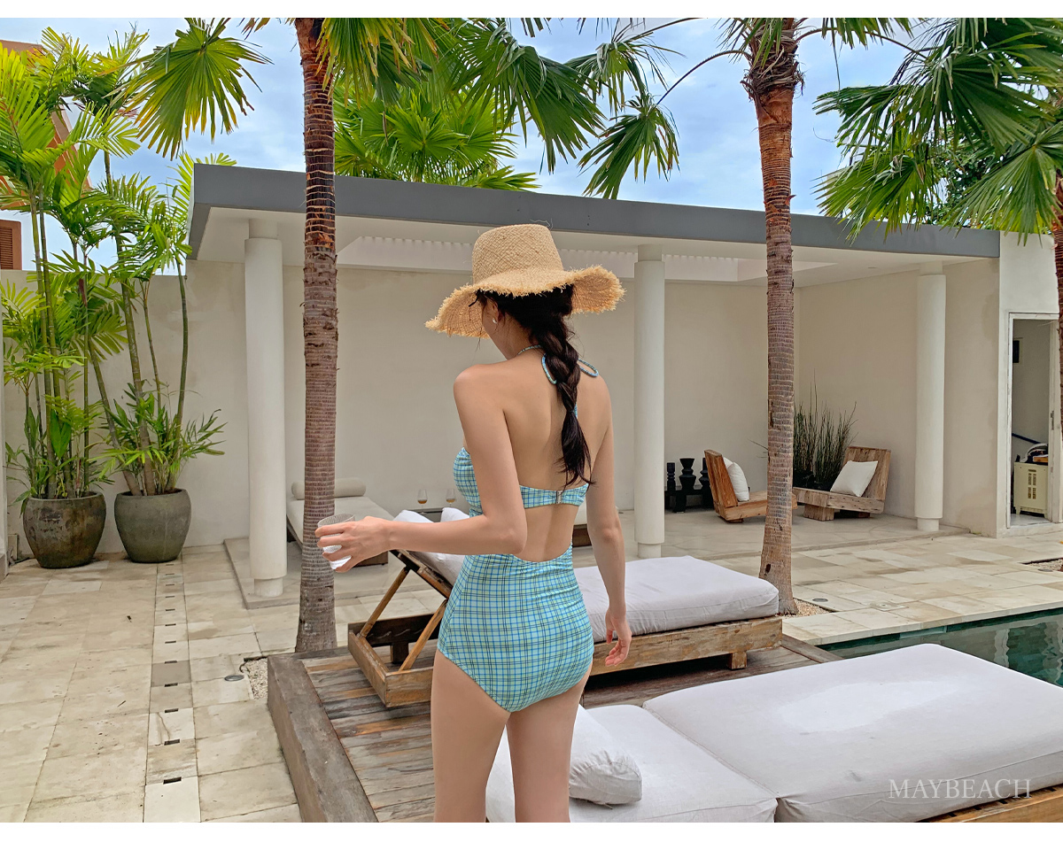 ホルターネックシャーリングドローストリングドットチェック