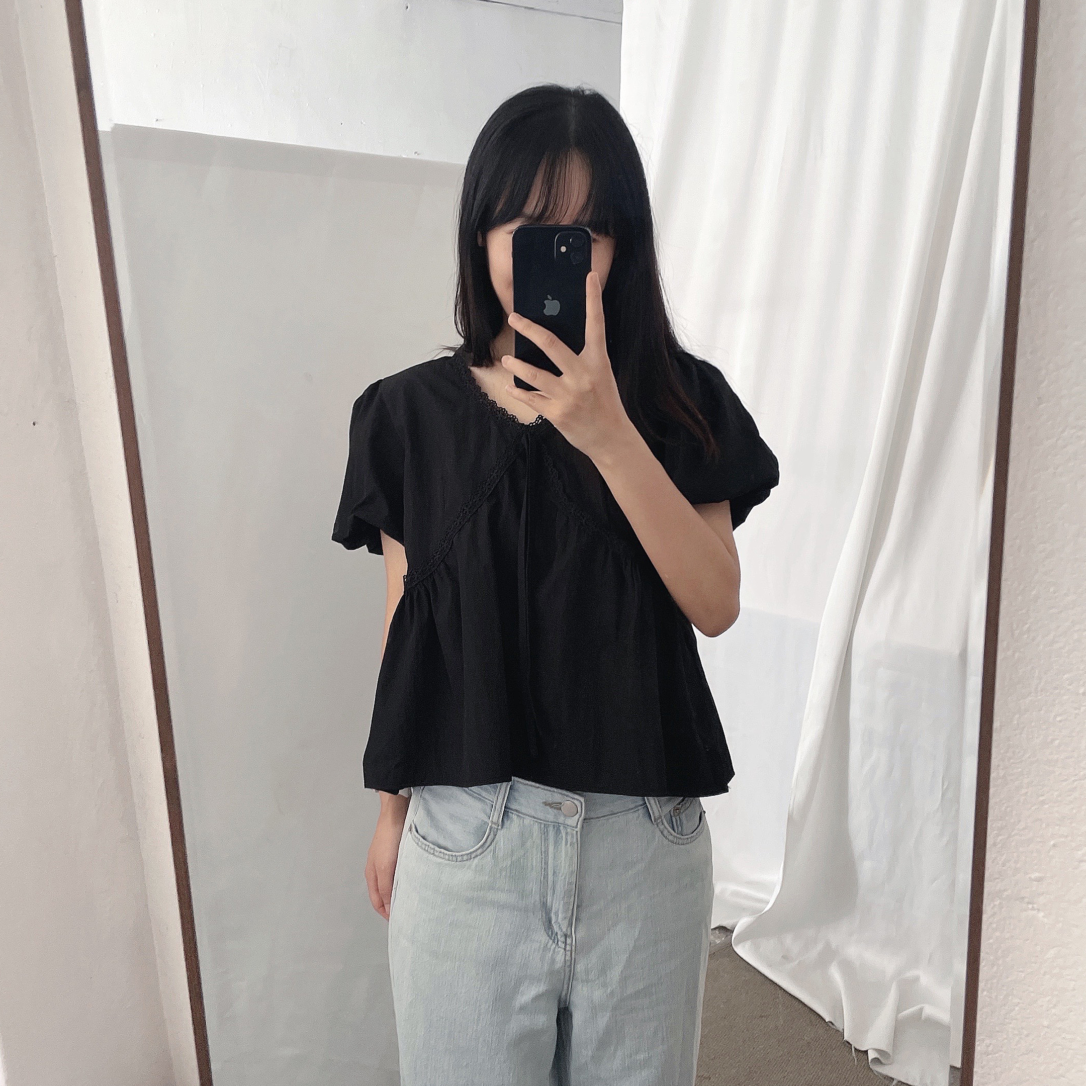 リボンVネックパフスリーブ半袖ブラウス | レディースファッション通販