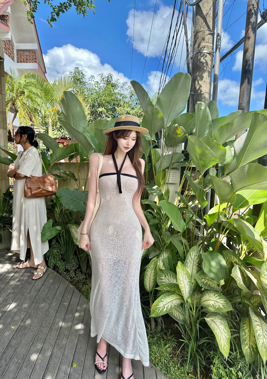 シースルーホルターネックスリム配色キャミワンピース | レディース