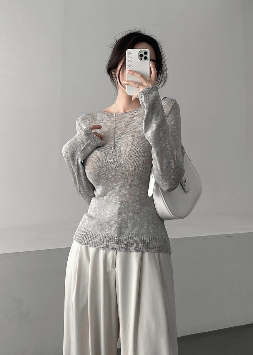 シースルーボートネックスリム長袖ニット | レディース