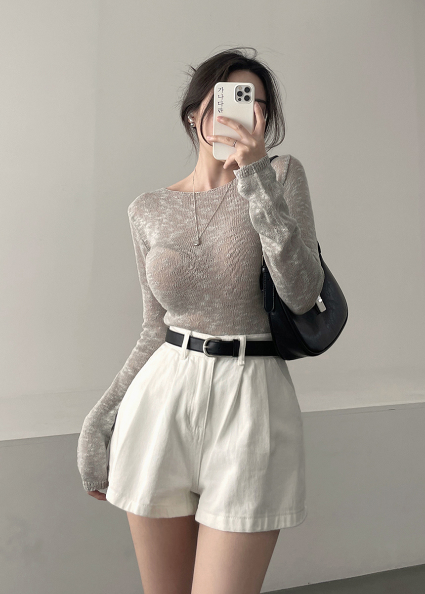 シースルーボートネックスリム長袖ニット | レディース