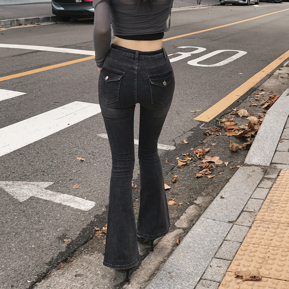 ハイウエストウォッシングブーツカットディープブルーデニムパンツ