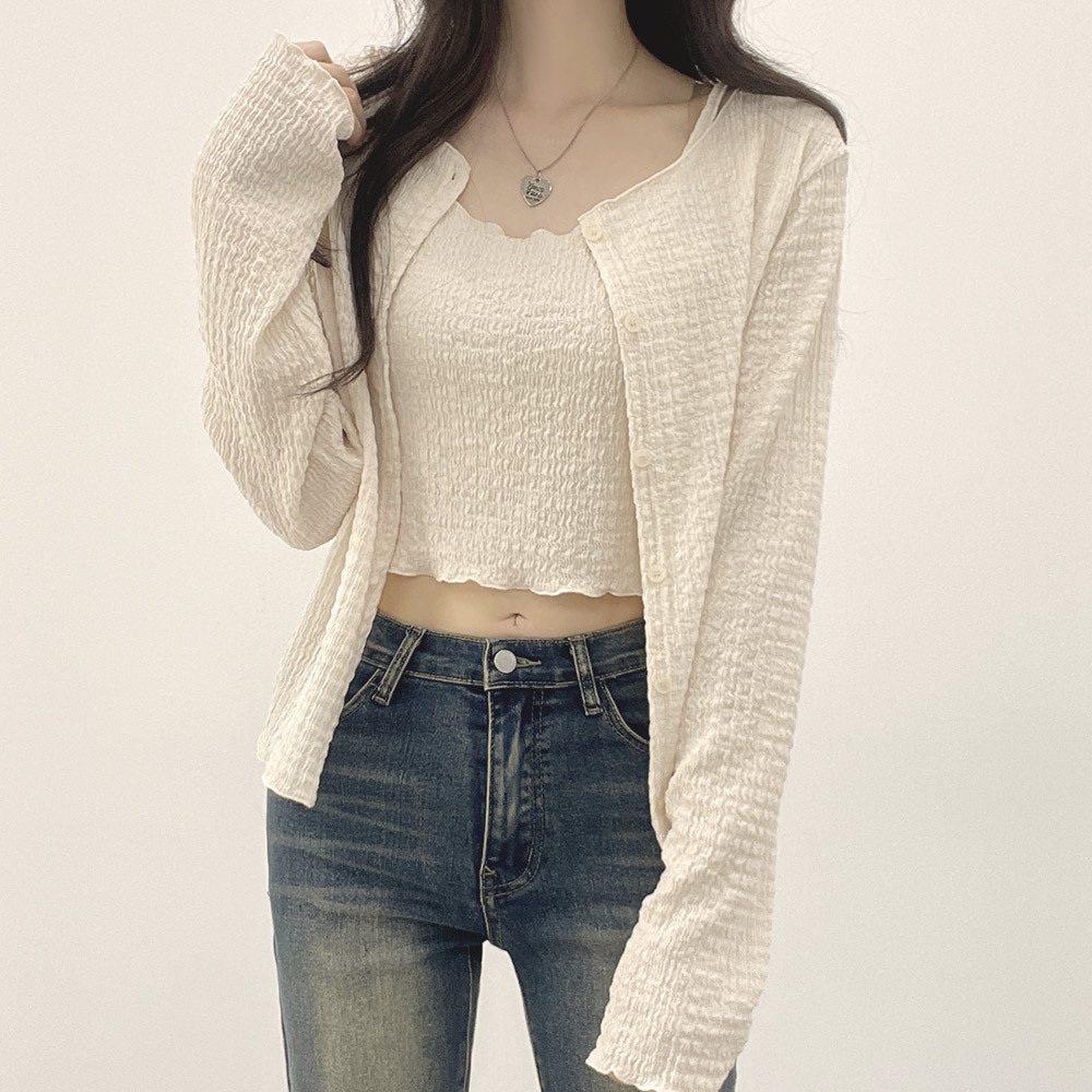 クロップドメロウボタンリンクルカラーキャミソールカーディガン