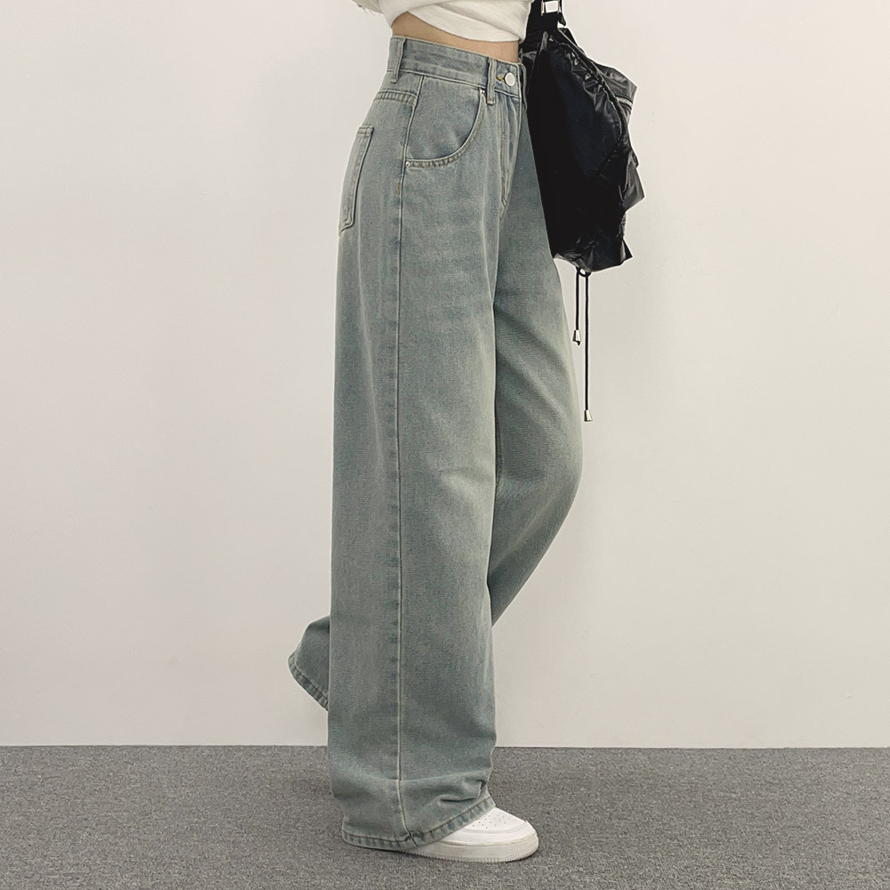 選べる丈]ウォッシングビンテージワイドライトブルーデニムパンツ