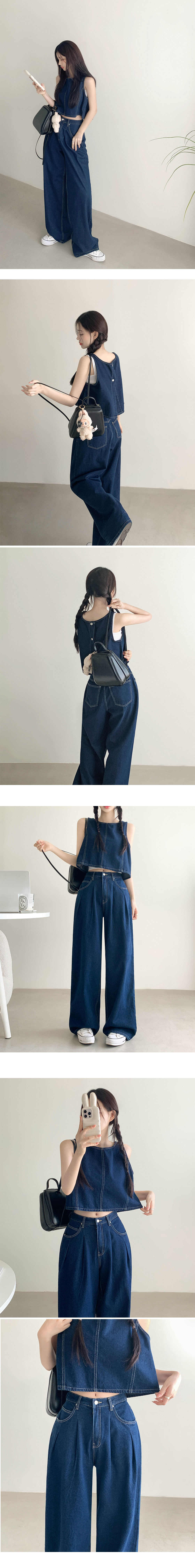 デニムピンタッククロップドワイドスナップボタンツーピース