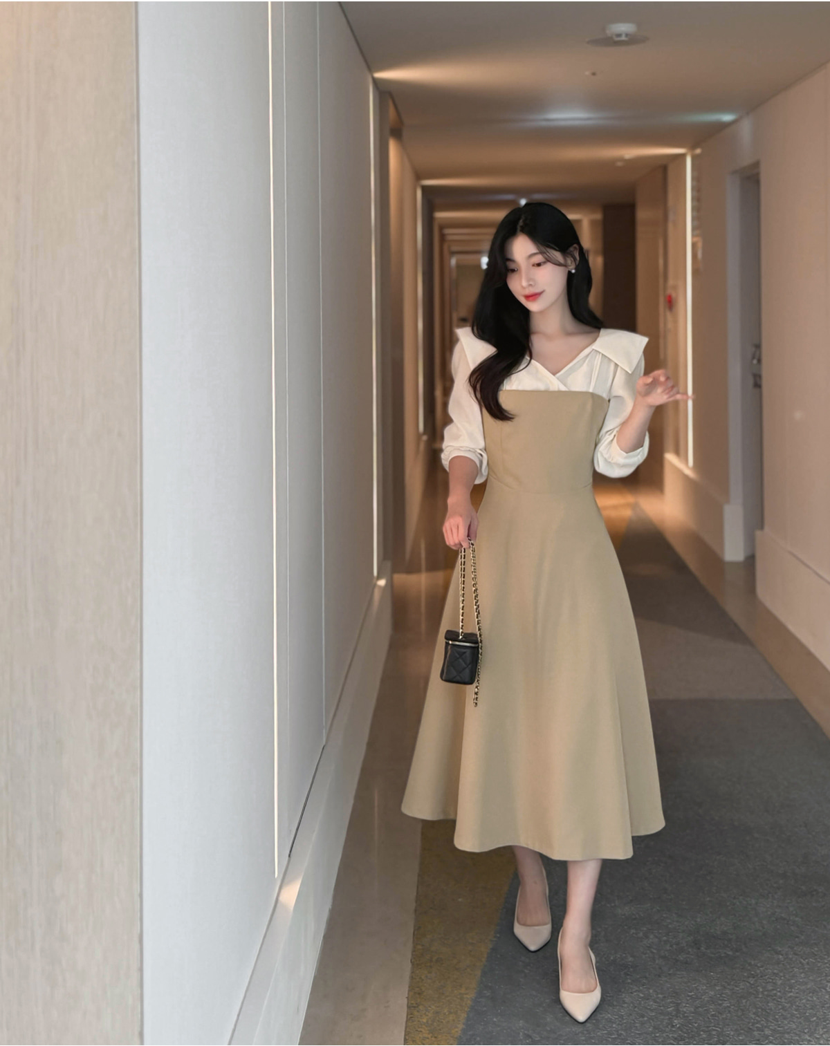 baddiary ワンピース ジップアップカラーロング長袖フレア配色ワンピース | レディース