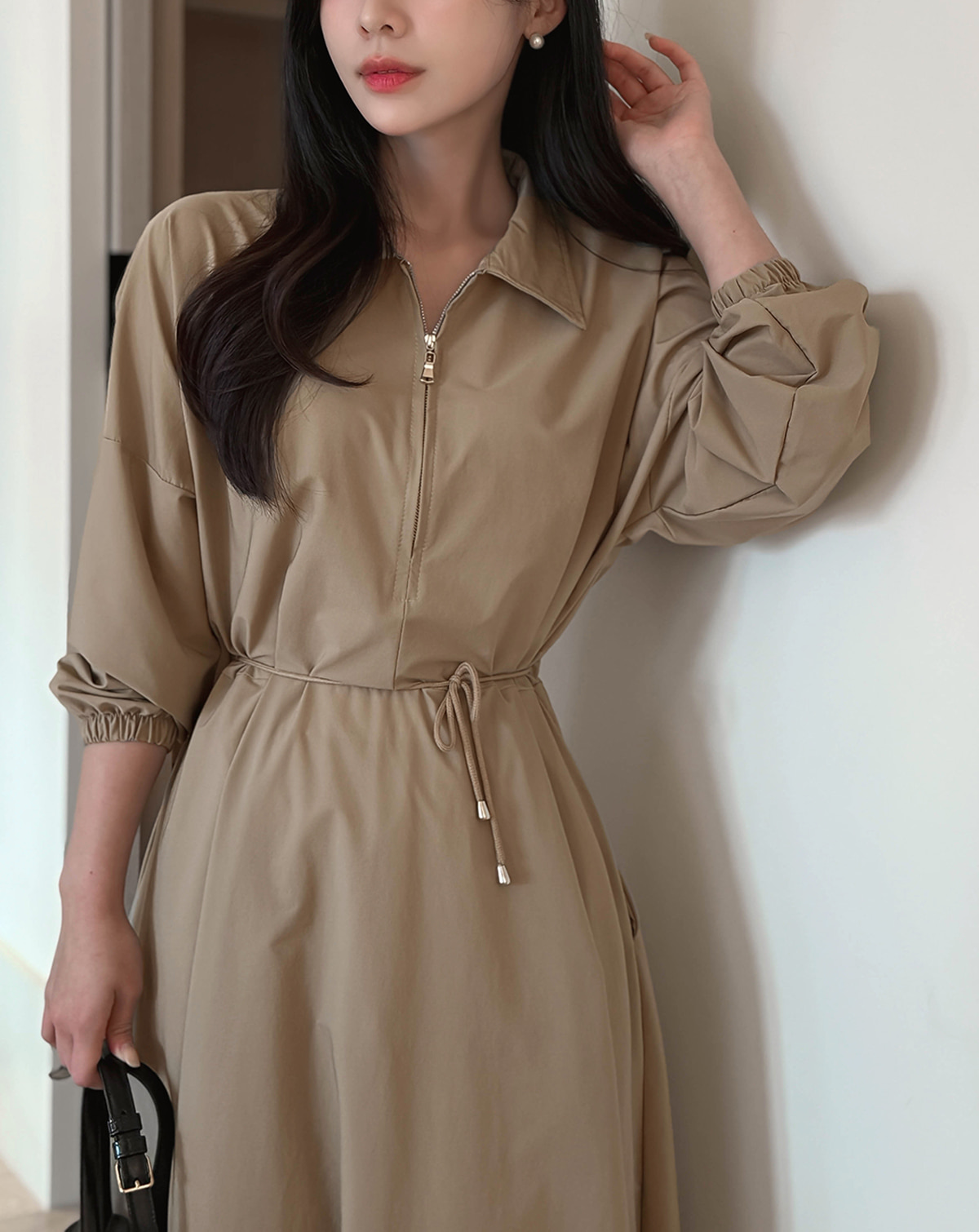 カラーハーフジップドローストリングロング長袖ワンピース