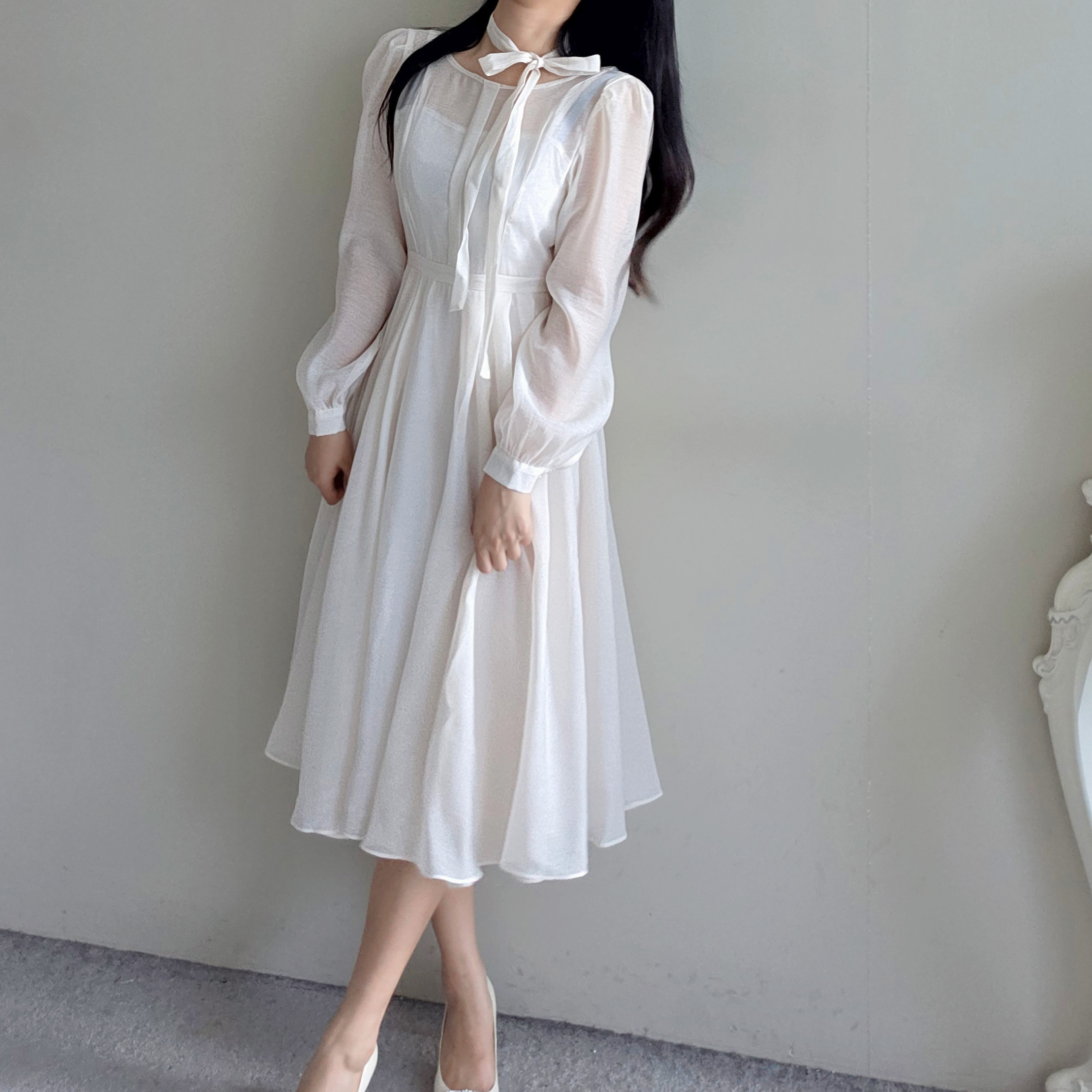 リボンパフスリーブフレアOP SLY ワンピース FRONT RIBBON PUFF SLEEVE OP フロント リボン
